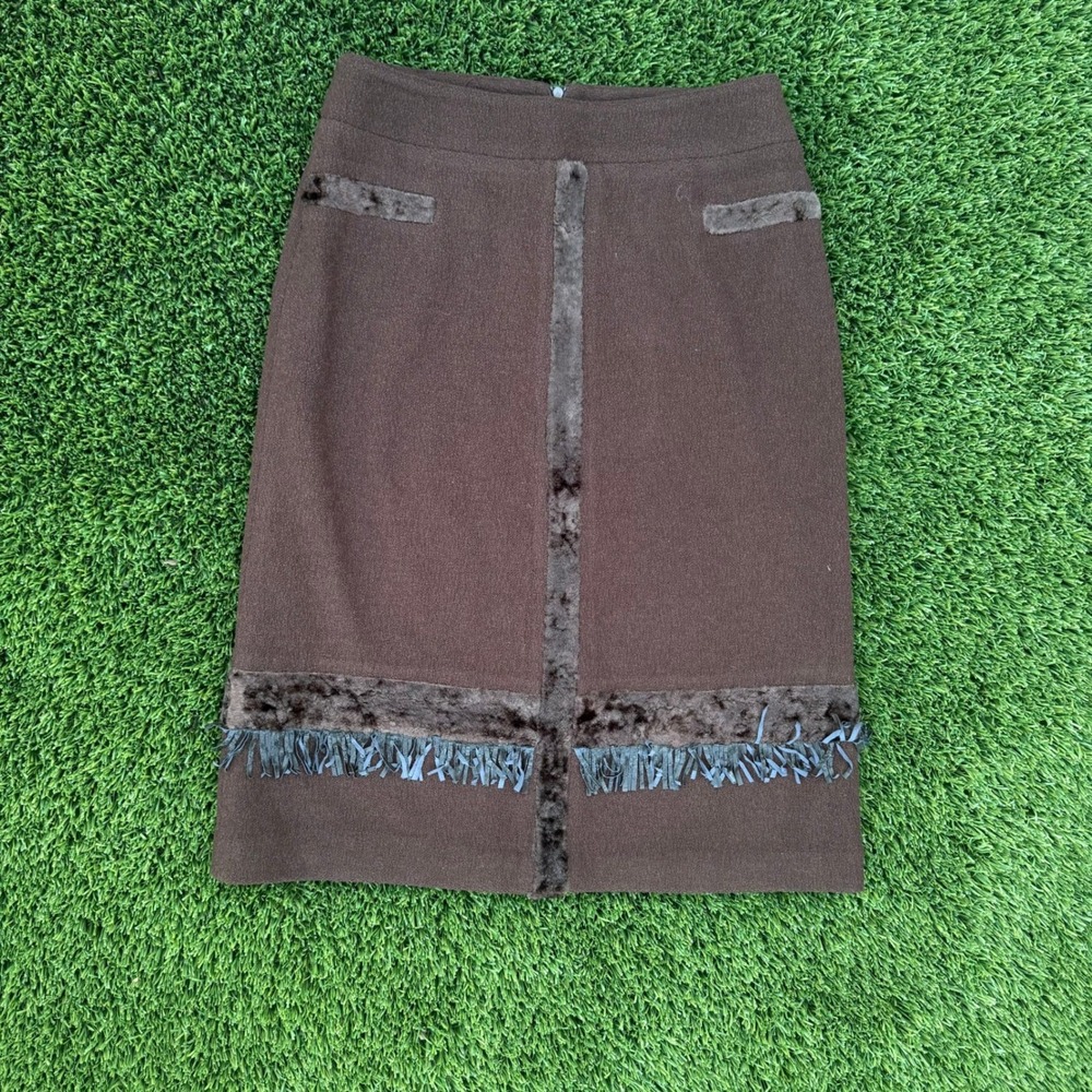 Valtaren Brown Wool Blend Faux Fur accent Skirt XL Pencil Skirt‎ Knee Length